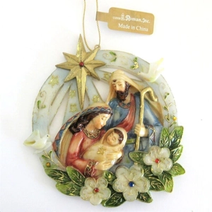 Resin Nativity Scene Christmas Hanging Ornament Round Holy Family Star Bethlehem Decorative Religious Xmas Tree Pendant Gift
