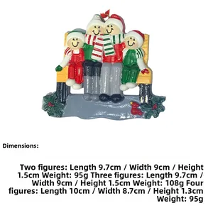 Detailed resin Christmas ornament featuring a family of four on a yellow bench with measurements