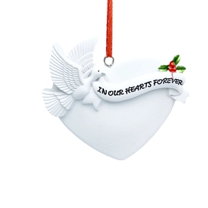 Christmas heart ornament with peace dove and 'In Our Hearts Forever' message