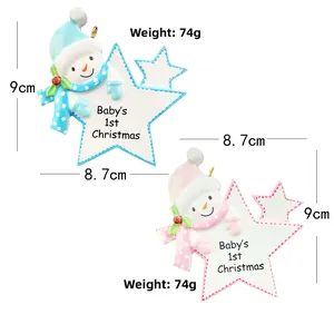 Detailed view of Baby's 1st Christmas resin star ornaments with snowman motifs