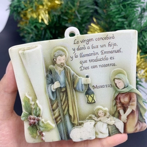 Detailed relief sculpture of the Holy Family on a resin religious plaque decoration