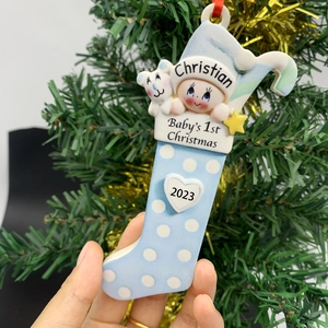 Custom blue stocking Christmas ornament with baby and polar bear for first holiday