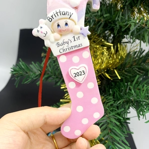 Pink Christmas stocking hanging ornament for Baby's 1st Christmas with bear detail