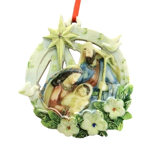 Holy Family Christmas ornament with North Star and white flowers on a round resin pendant