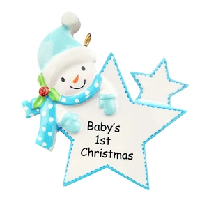 Resin Christmas tree ornament with snowman and baby's 1st christmas greeting text