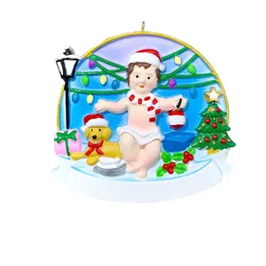 Christmas tree ornament with boy and golden retriever dog figures in 8.9cm resin