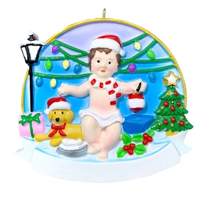 Personalized baby and dog resin Christmas tree ornament with customizable white banner