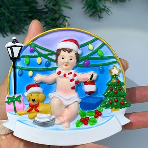 Hand-held resin Christmas tree puppy ornament with DIY banner and gold hanging loop