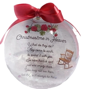 Christmas feather memorial ornament with red bow and rose chair printed on a clear sphere