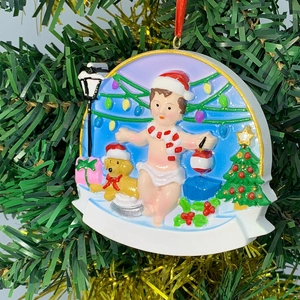 Personalized Christmas resin ornament with baby, puppy, tree and customizable name banner
