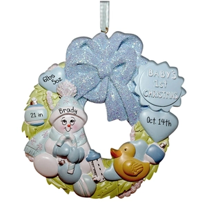 Custom baby's first Christmas wreath ornament with blue bow, snowman, and yellow duck