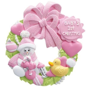 Pink and green resin Christmas wreath with snowman, duck, and Baby's 1st Christmas sign