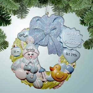 Personalized baby first Christmas wreath ornament with snowman and yellow duck on tree