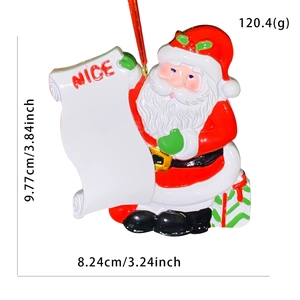 Macro shot of resin Santa ornament holding NICE scroll with size and weight metrics