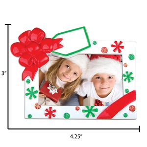 Customizable Christmas photo frame ornament with red bow and snowflake accents