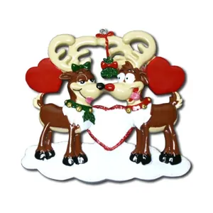 Customizable resin Christmas reindeer couple hanging ornament with red heart and snow base
