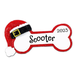 Personalized dog bone Christmas ornament with Santa hat and custom name detail