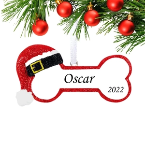 Personalized Christmas dog bone ornament with red glitter, Santa hat and custom name
