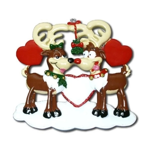 Custom reindeer couple Christmas ornament with mistletoe and red heart DIY space