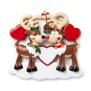 Customized Christmas reindeer couple resin ornament with red heart and name tag