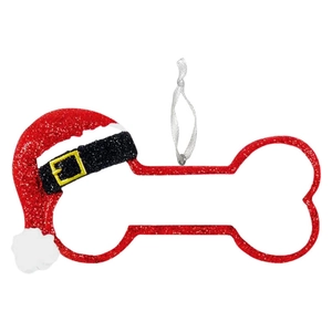 Sparkly red dog bone Christmas ornament with mini Santa hat and white hanging ribbon