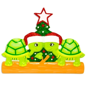 Christmas tree resin turtle ornament with red hats and star on orange base