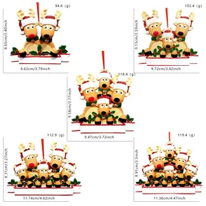 Size chart for resin reindeer family ornaments showing dimensions and weights for 2-6 persons