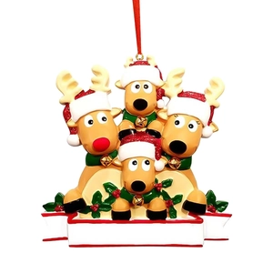 Detail of 4 reindeer resin Christmas ornament with blank banner for personalized DIY names