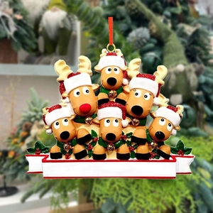 Detailed view of six reindeer family resin Christmas ornament with blank banner for DIY names
