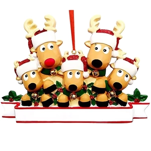 5 Reindeer Family Christmas Ornament with Red Sequin Hats and Hanging Ribbon