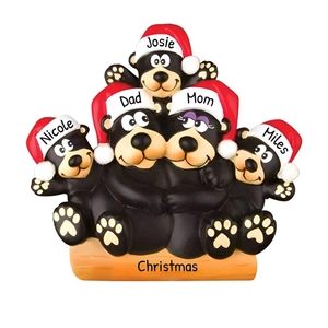 Ornamento natalizio personalizzato con famiglia di 5 orsi neri e cappelli di Natale