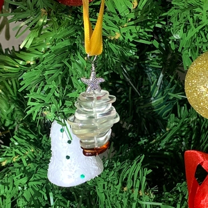 Handmade ocean sea glass Christmas tree ornament with starfish topper and yellow ribbon