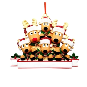 Detail of 6 personalized reindeer Christmas ornaments with blank banner for DIY names