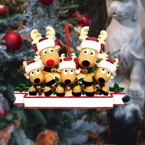 Detail of five-member reindeer family Christmas ornament with writable white banner