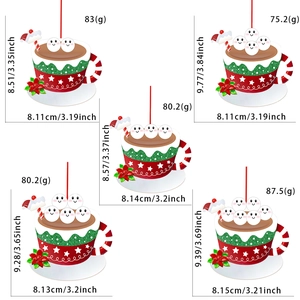 Five styles of Christmas hot cocoa cup hanging ornaments with snowman marshmallows