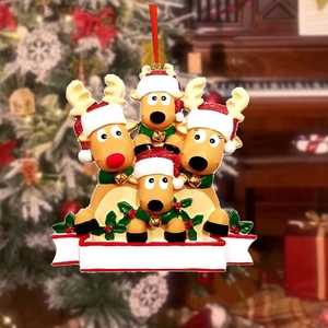 Custom reindeer family Christmas tree ornament with 4 reindeer and hanging ribbon
