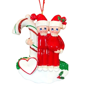Customizable resin Christmas tree ornament with two figures holding a candy cane