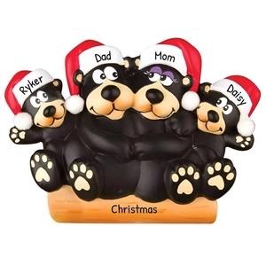 Ornamento natalizio personalizzato con famiglia di orsi neri e quattro nomi unici