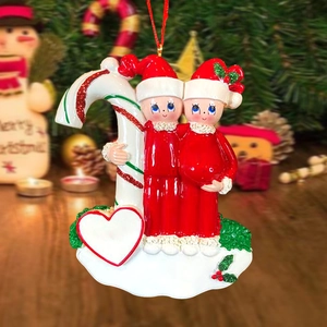Personalized Christmas candy cane resin ornament for couples with red hats and white hearts