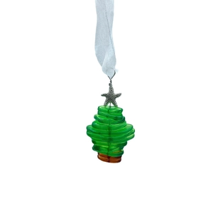 Handcrafted sea glass Christmas tree ornament with silver starfish and white ribbon hanger