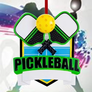 Customizable resin Pickleball ornament featuring green rackets, yellow ball, and red lanyard