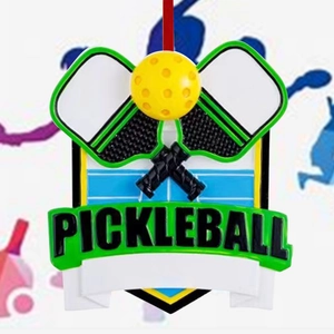 Customizable resin pickleball ornament with crossed paddles and yellow ball on red string