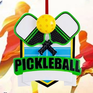 Customizable resin Pickleball pendant with yellow ball, crossed paddles and red hanging ribbon
