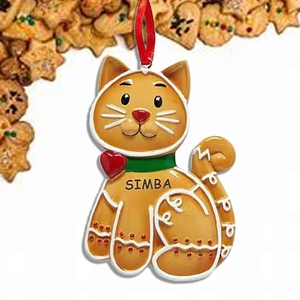Customized gingerbread cat Christmas ornament with Simba name and red silk ribbon