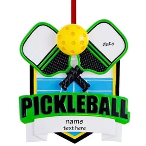Customizable resin pickleball Christmas tree ornament with yellow ball and red ribbon
