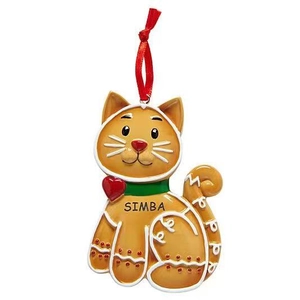 Gingerbread cat Christmas ornament with red string and Simba text on white background