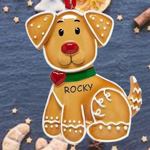 Cute personalized puppy dog resin ornament for Christmas tree featuring name Rocky