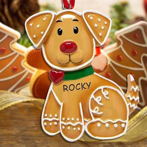 Customized gingerbread dog Christmas ornament with Rocky name and red heart charm
