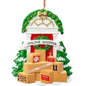 Online Shopper Christmas ornament house with resin delivery boxes and red ribbon
