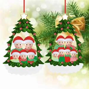 Family of 5 and 6 resin Christmas tree ornaments with festive hats and red hanging strings